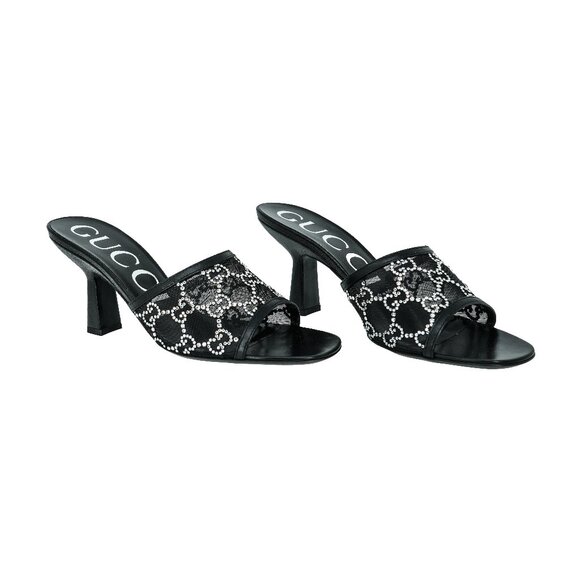 Gucci Crystal GG Mesh Mid Heel Sandals - Picture 1 of 6